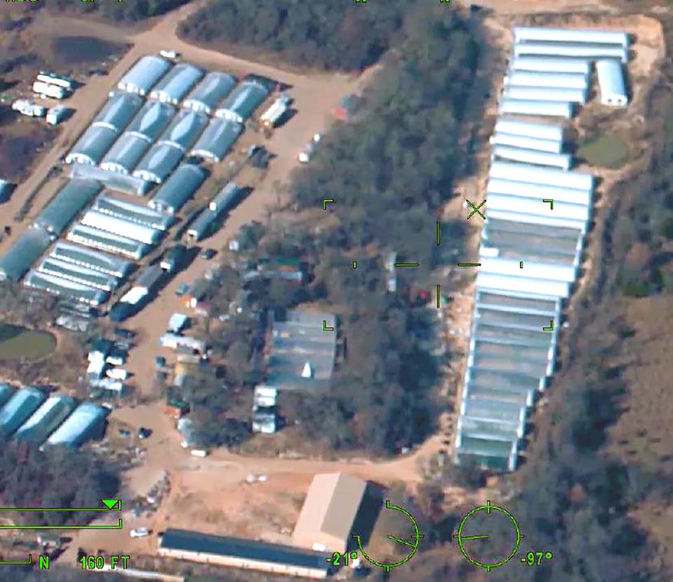 The Oklahoma Bureau of Narcotics led a multi-agency operation Tuesday that included nearly 200 law enforcement officials executing search and arrest warrants at 12 locations across the state. The agency provided aerial photos of some of the properties investigated. Shown here is Big Buddha Farms in Wilson.