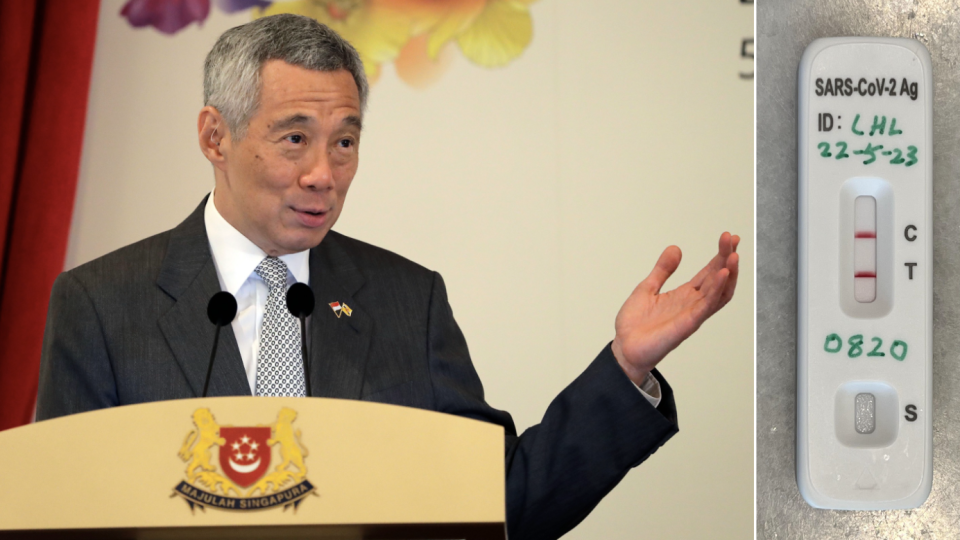 Singapore's Prime Minister Lee Hsien Loong delivering a speech at the Istana in 2017 (left) and photo of Lee's COVID-19 positive Antigen Rapid Test Kit 