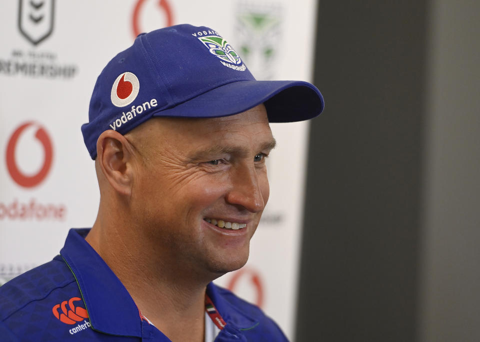 Seen here, Warriors coach Nathan Brown speaks to the media after an NRL game.