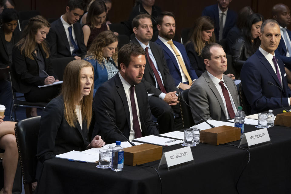 From left Monika Bickert, head of global policy management at Facebook, Nick Pickles, public policy director for Twitter, Derek Slater, global director of information policy at Google, and Anti-Defamation League Senior Vice President of Programs George Selim testify before the Senate Commerce, Science and Transportation Committee on how internet and social media companies are prepared to thwart terrorism and extremism, Wednesday, Sept. 18, 2019, on Capitol Hill in Washington. (AP Photo/J. Scott Applewhite)
