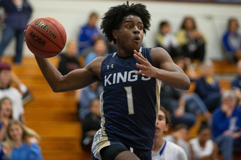 Southwest Florida Christian Academy's Jaylen White (1) passes the ball during the first half of the varsity boys basketball game between SFCA and Barron Collier, Tuesday, Nov. 30, 2021, at Barron Collier High School in Naples, Fla.Barron Collier defeated SFCA 82-77 in overtime.