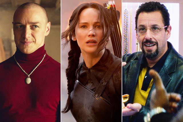 <p>Universal Pictures/Courtesy of Everett; Murray Close/Lionsgate/Courtesy of Everett; Courtesy of A24</p> James McAvoy in 'Split,' Jennifer Lawrence in 'The Hunger Games: Mockingjay - Part 1,' and Adam Sandler in 'Uncut Gems'