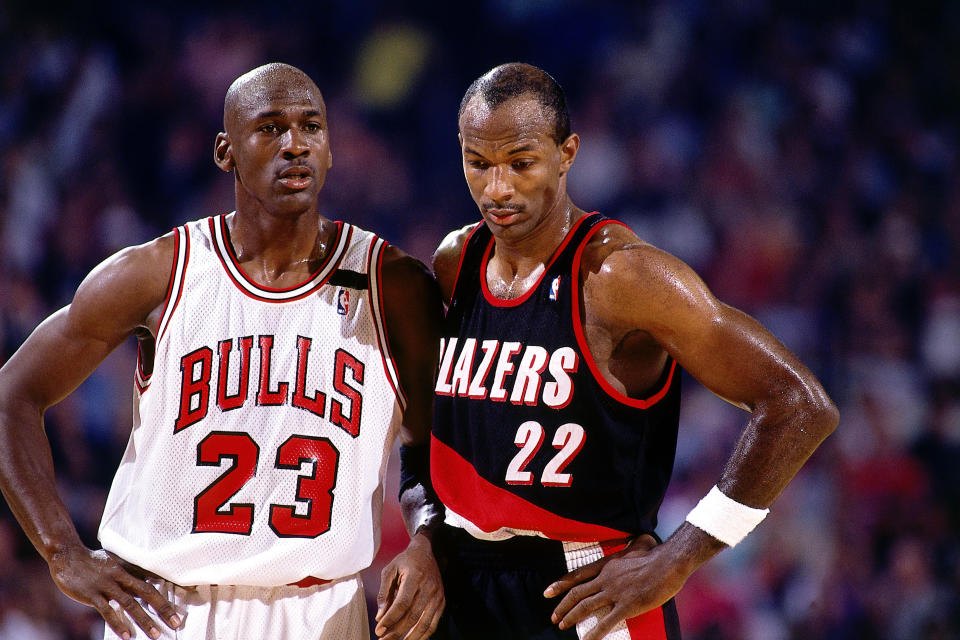 Clyde Drexler and the Portland Trailblazers fell to Michael Jordan and the Bulls in six games in the 1992 NBA Finals. (Getty Images)