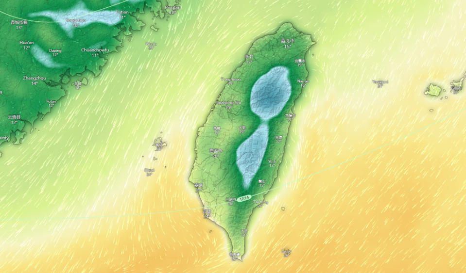 歐洲數值模式周三（15日）清晨溫度分布模擬，台灣、宜蘭探15度。（翻攝自台灣颱風論壇）
