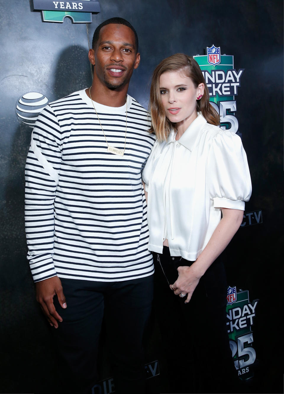 NEW YORK, NY - AUGUST 23: Former NY Giants player Victor Cruz and Kate Mara attend AT&amp;T NFL Sunday Ticket 25th season kickoff party at The Blond at 11 Howard Hotel on August 23, 2018 in New York City. (Photo by John Lamparski/WireImage)