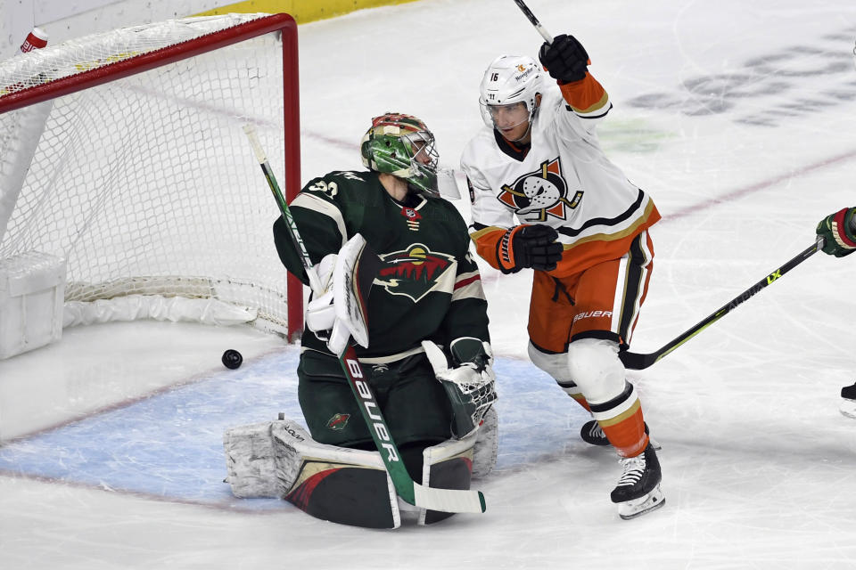 Anaheim Ducks center Ryan Strome, right, celebrates after scoring a goal past Minnesota Wild goalie Filip Gustavsson during the first period of an NHL hockey game Saturday, Dec. 3, 2022, in St. Paul, Minn. (AP Photo/Craig Lassig)