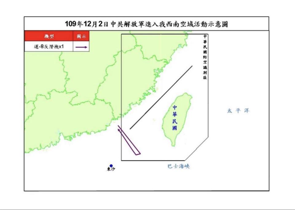 根據國防部公布的路線，中國解放軍一架「運-8反潛機」侵犯台灣西南防空識別區（ADIZ）。（圖／國防部提供）