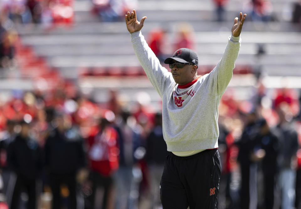 FILE - Then-Nebraska associate head coach Mickey Joseph amps up players before Nebraska's NCAA college football annual red-white spring game at Memorial Stadium in Lincoln, Neb., Saturday, April 9, 2022. Mickey Joseph begins his run as Nebraska's interim head coach following Scott Frost's firing. (AP Photo/Rebecca S. Gratz, File)