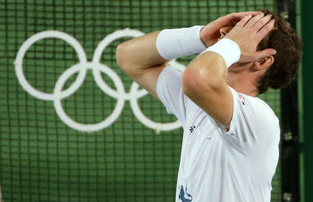 2016 Rio Olympics - Tennis - Final - Men's Singles Gold Medal Match - Olympic Tennis Centre - Rio de Janeiro, Brazil - 14/08/2016. Andy Murray (GBR) of Britain celebrates after winning his match against Juan Martin Del Potro (ARG) of Argentina. REUTERS/Kevin Lamarque