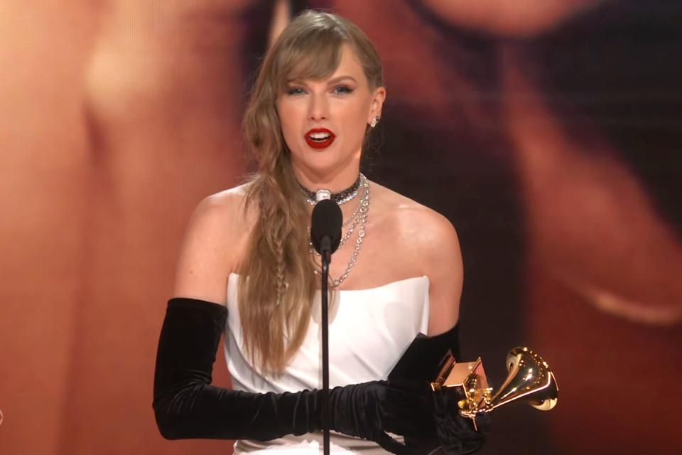 <p>CBS</p> Taylor Swift at the 2024 Grammys