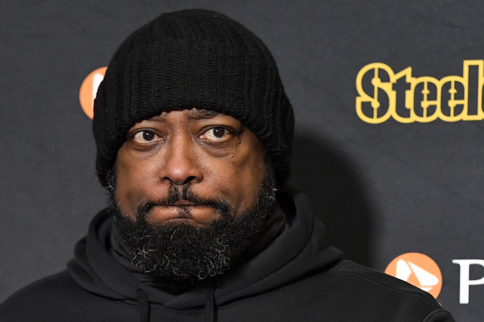 Pittsburgh Steelers head coach Mike Tomlin answers questions during a news conference after losing to the Buffalo Bills in an NFL wild-card playoff football game, Monday, Jan. 15, 2024, in Buffalo, N.Y. (AP Photo/Adrian Kraus)