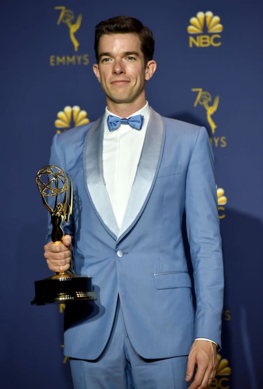 John Mulaney, winner of the award for Outstanding Writing for a Variety Special for "John Mulaney: Kid Gorgeous at Radio City," appears backstage during the 70th annual Primetime Emmy Awards at the Microsoft Theater in downtown Los Angeles on September 17, 2018. The comedian turns 40 on August 26. File Photo by Christine Chew/UPI