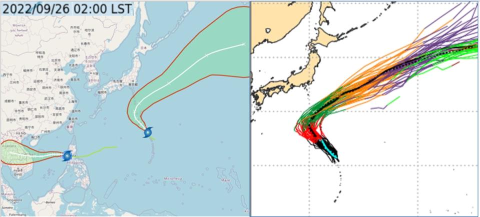 左圖：中央氣象局「路徑潛勢預測圖」顯示，「中颱諾盧」進入南海後，持續偏西移動、仍有再增強趨勢。另一「熱帶低壓」在硫磺島東南方海面，向西北移動再向東北大迴轉。右圖時歐洲系集模式(ECMWF) 50次模擬路徑顯示，在硫磺島東南方海面的「熱帶低壓」，向西北移動再向東北大迴轉。