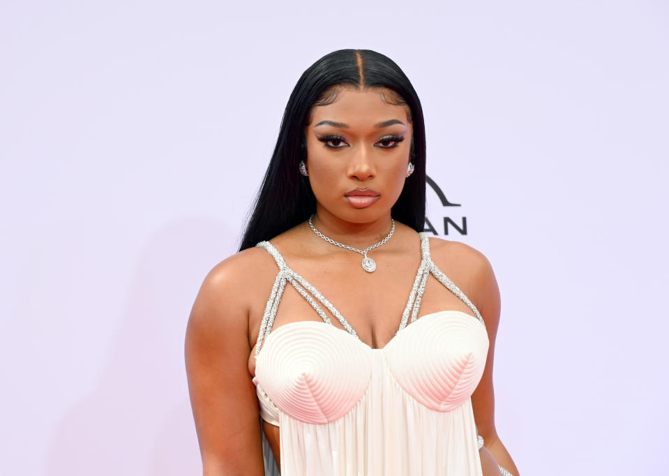 Megan Thee Stallion dressed in white at the 2021 BET Awards 