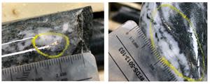 Visible gold occurrences in drill hole P21-2385 at approximately 370m depth.