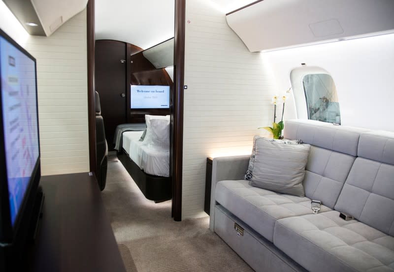 An interior view of the cabin of Bombardier's Global 7500, the first business jet to have a queen-sized bed and hot shower, is shown during a media tour in Montreal