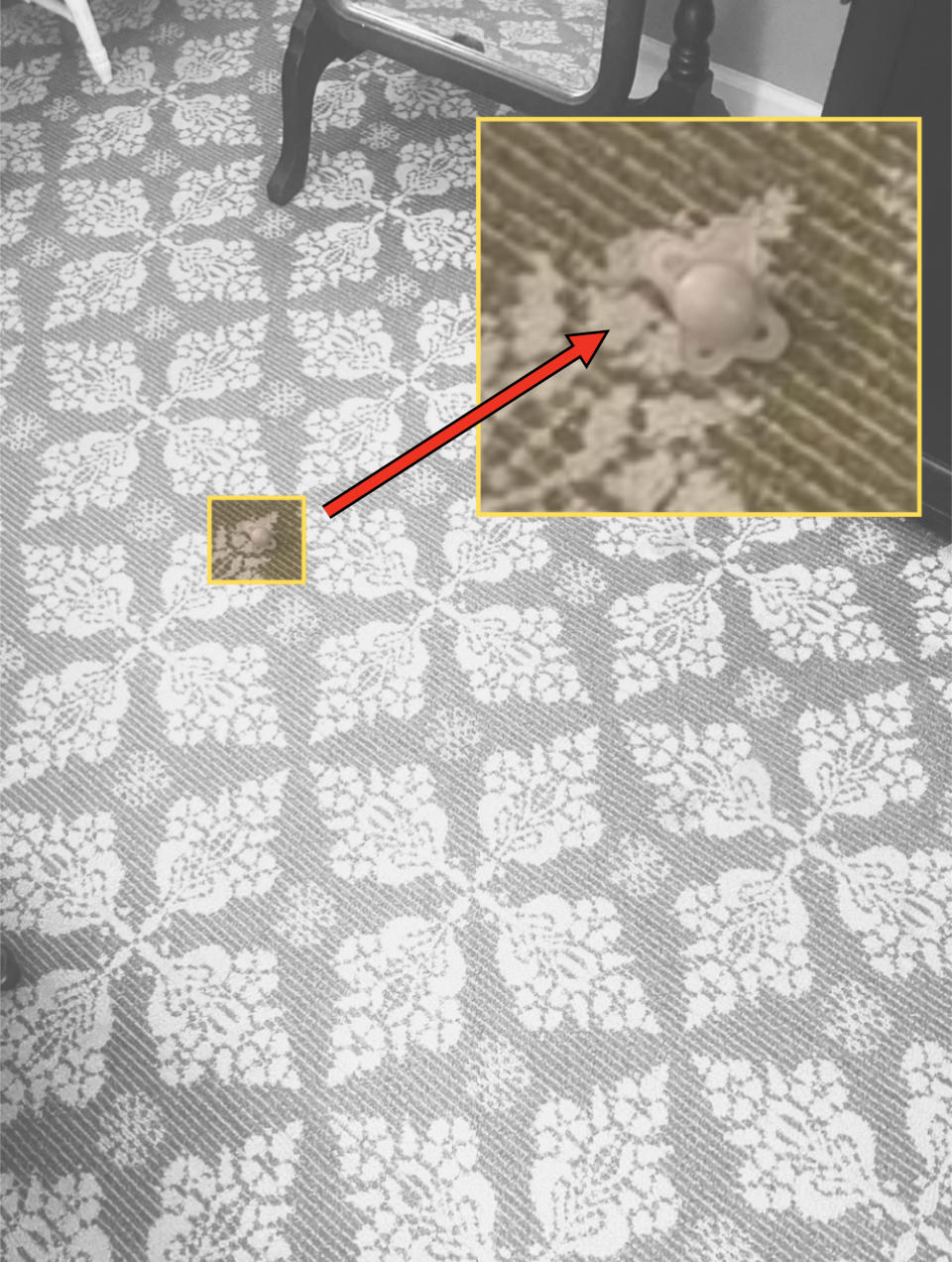 Close-up view of a toy octopus on a floral-patterned carpet with an inset showing the octopus in detail