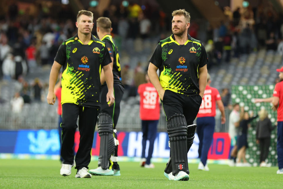 David Warner and Aaron Finch, pictured here after Australia's loss to England in the first T20.