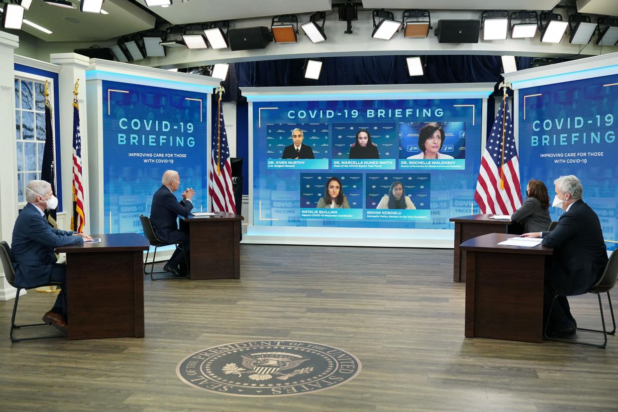 U.S. President Joe Biden (2nd L) and U.S. Vice President Kamala Harris (2nd R) meet with members of the White House COVID-19 Response Team on the latest developments related to the Omicron variant on Jan. 4, 2022, in the South Court Auditorium of the White House in Washington, DC. The U.S. recorded more than one million COVID-19 cases on Jan. 3, 2022, according to data from Johns Hopkins University, as the Omicron variant continues to spread at a blistering pace.