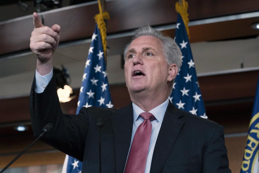 House Minority Leader Kevin McCarthy, R-Calif., speaks during a news conference on Capitol Hill, in Washington, Thursday, July 22, 2021. (AP Photo/Jose Luis Magana)