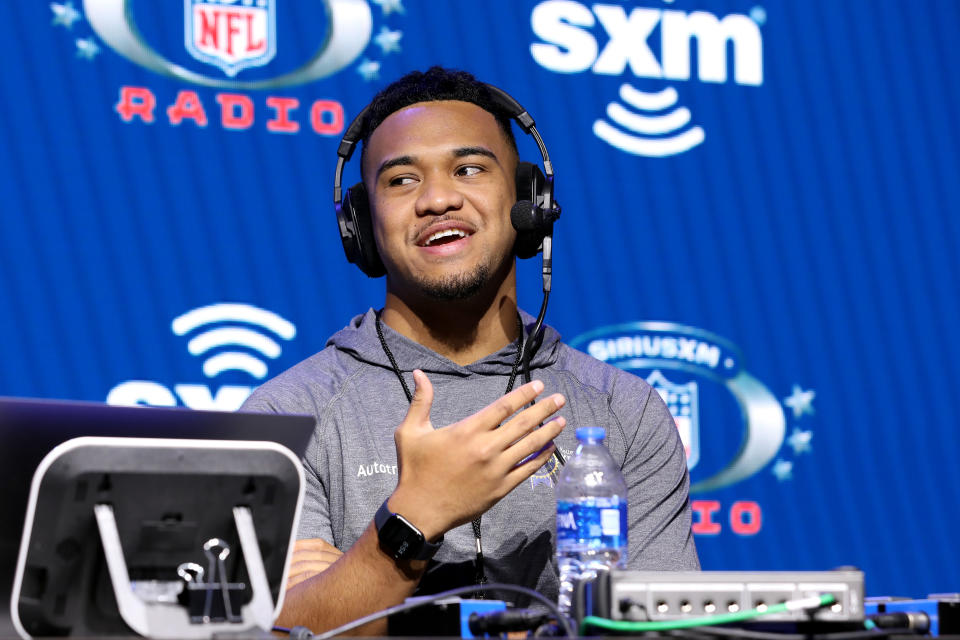 Alabama quarterback Tua Tagovailoa is keeping an even keel on his hip injury . but understands that his future is somewhat out of his hands now. (Photo by Cindy Ord/Getty Images for SiriusXM )