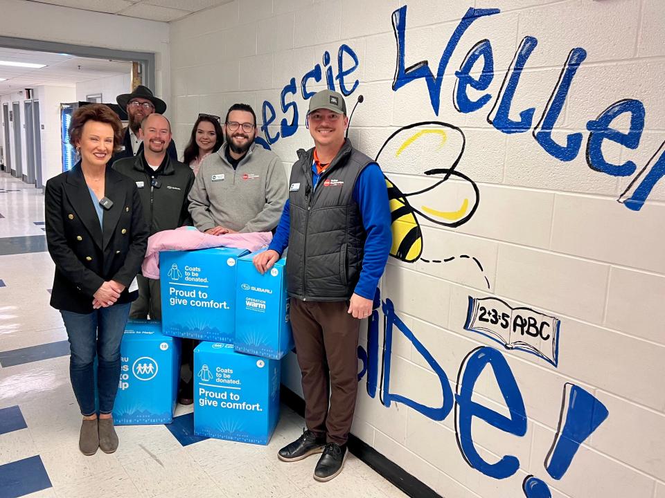 Valley Subaru employees donating 156 coats to Bessie Weller Elementary Monday morning, Feb. 19 as part of their Love to Help initiative. They presented them to Debbie Pyles, Bessie’s school nurse.