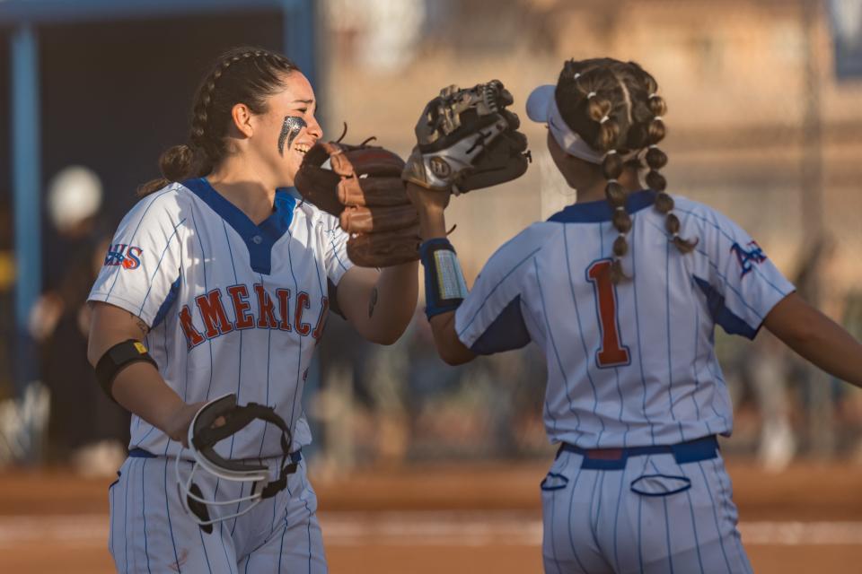 Americas celebrate at a game against Eastwood for the 1-6A softball title Friday, April 22, 2022, at Americas High School, in El Paso, Texas.