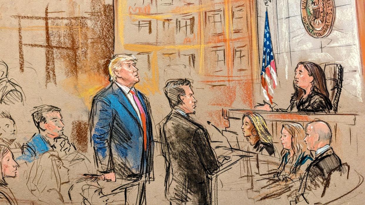 A courtroom sketch depicts Donald Trump appearing in Washington, DC, on 3 August, where the former president pleaded not guilty to four charges from a grand jury empaneled by the special counsel’s office, which accused Mr Trump of conspiring to overturn the 2020 election (William Hennesee / pool)