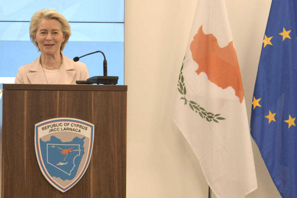 President of the European Commission Ursula von Der Leyen talks to the media with Cypriot President Nikos Christodoulides, during a press conference at the Joint Search and Rescue Coordination center in Larnaca, Cyprus, on Friday, March 8, 2024. Von der Leyen is in Cyprus to inspect facilities at the port of Larnaca from where it's hoped ships will soon start departing for Gaza to deliver aid amid growing international support for the Cypriot initiative to establish a maritime humanitarian corridor to the Palestinian enclave some 240 miles (386 kilometers) away. (AP Photo/Marcos Andronicou)