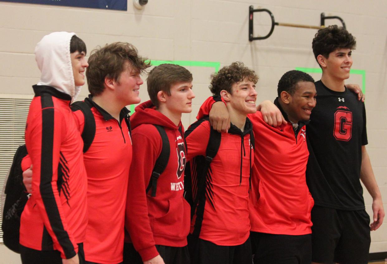 From left to right, Chatham Glenwood seniors Thomas Vansacik, Alex Hamrick, Jackson Blankenship, Aden Byal, Jaidyn Lee and Brandon Bray line up for a photo following the final home meet of the regular season on Thursday, Jan. 26, 2023.