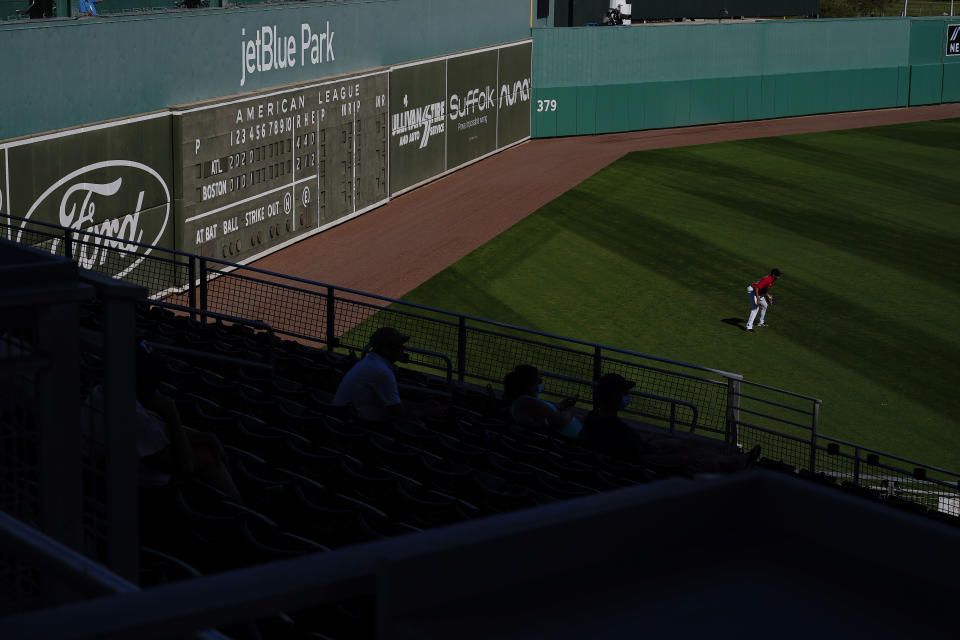 A Boston Red Sox's player gets ready for a play in the fifth inning during a spring training baseball game against the Atlanta Braves on Monday, March 1, 2021, in Fort Myers, Fla. (AP Photo/Brynn Anderson)