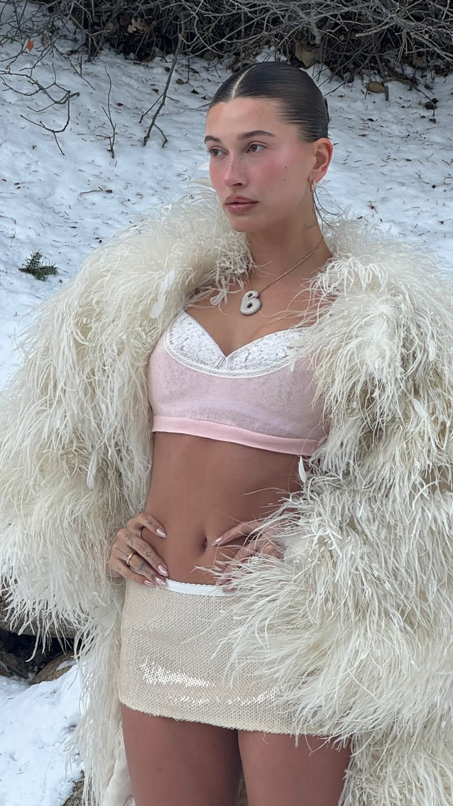 Hailey Bieber wearing a sequined micro-mini skirt with a lace bra and feathered coat in the snow