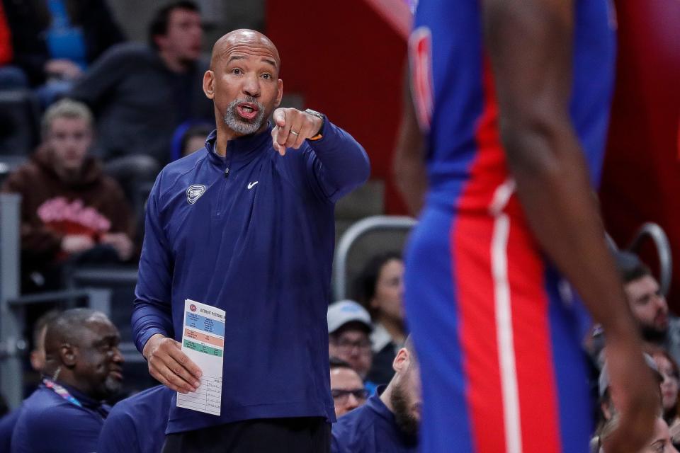 Detroit Pistons head coach Monty Williams talks to center Jalen Duren before a play against Milwaukee Bucks during the first half at Little Caesars Arena in Detroit on Saturday, Jan. 20, 2024.