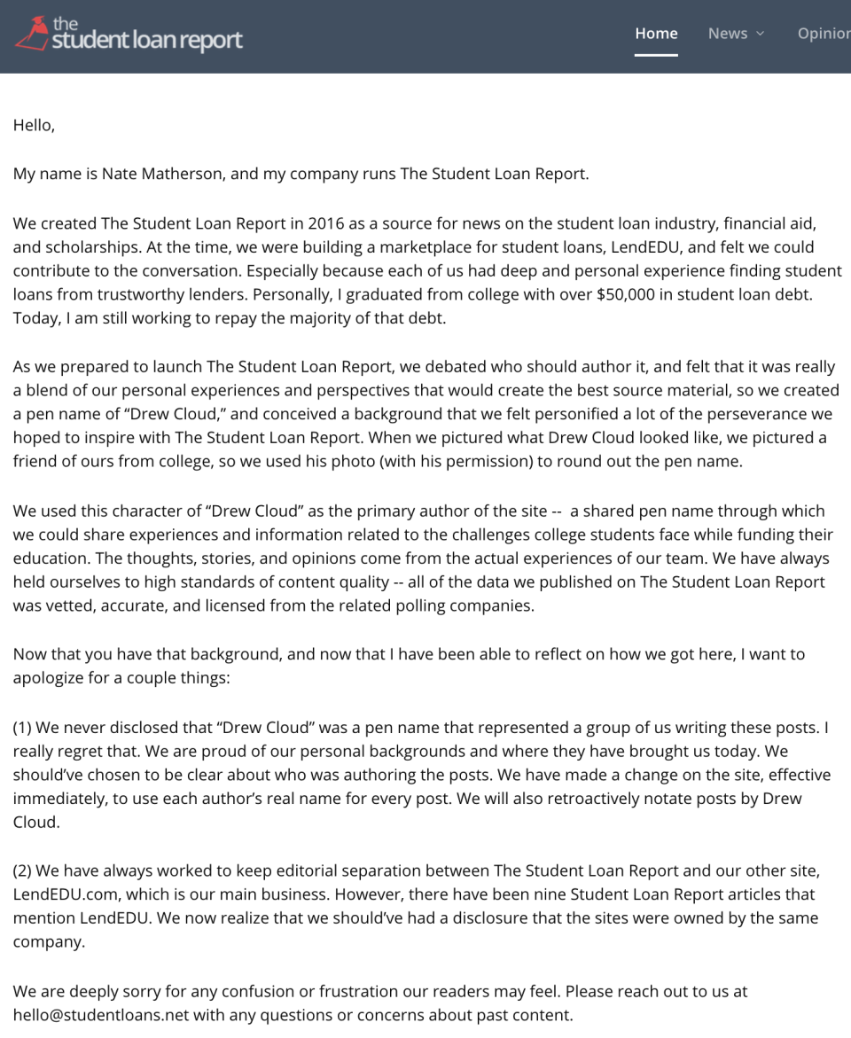 <span>LendEDU’s apology letter on its website. </span>