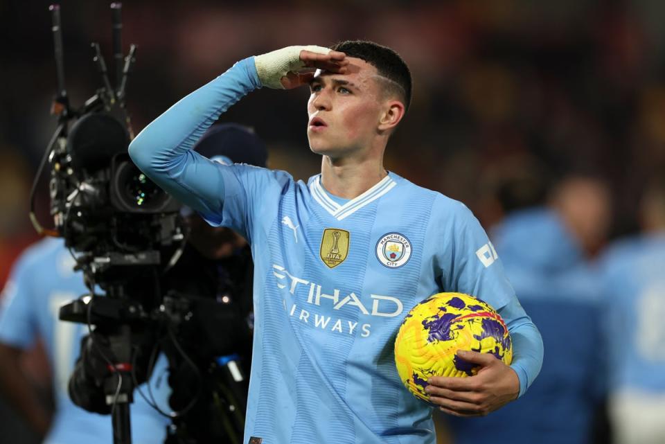 Phil Foden scored a hat-trick during City’s match against Brentford (AP)