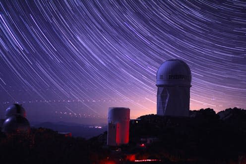 <span class="caption">Star trails take shape around the story Mayall Telescop dome in Arizona.</span> <span class="attribution"><span class="source">P. Marenfeld and NOAO/AURA/NSF).jpg</span></span>