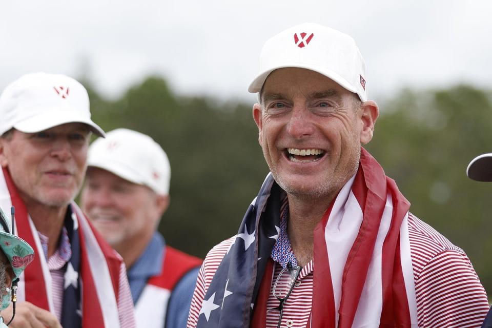 Dec 10, 2023; Bradenton, Florida, USA; Team USA captain Jim Furyk was all smiles after their win in the World Champions Cup at The Concession Golf Club. Mandatory Credit: Jeff Swinger-USA TODAY Sports