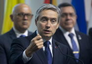 Canadian Foreign Affairs Minister Francois-Philippe Champagne speaks during the closing news conference at the Lima Group Ministerial meetings in Gatineau, Quebec, Thursday, Feb. 20, 2020. (Adrian Wyld/The Canadian Press via AP)