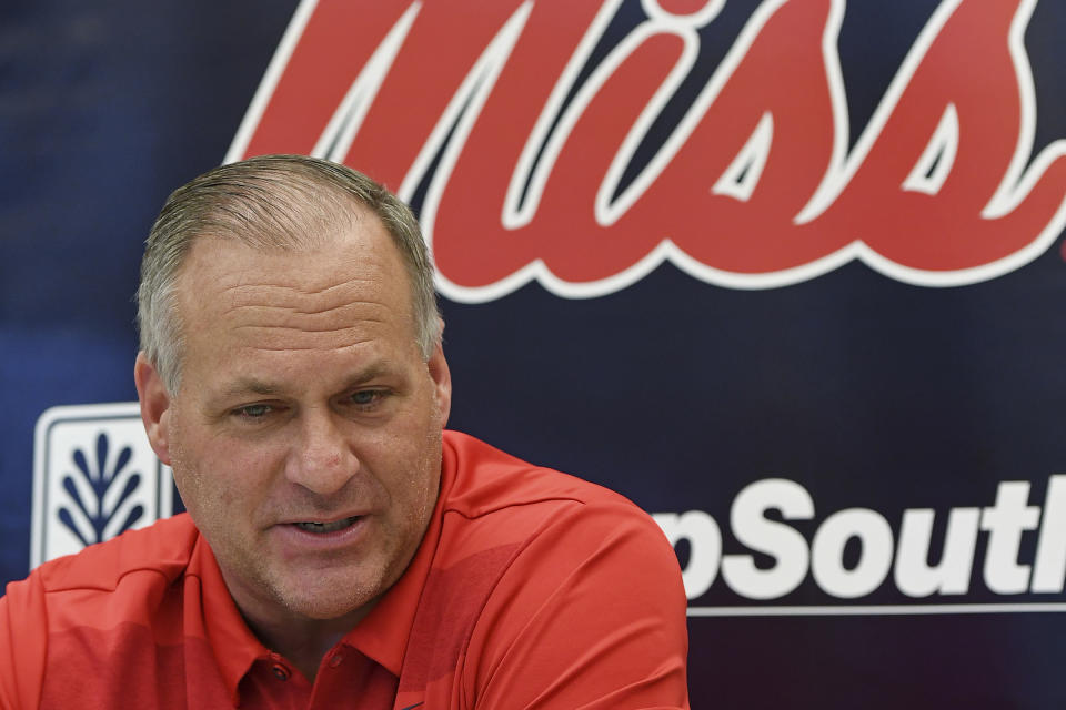 Rich Rodriguez talks during Mississippi's Media Day.