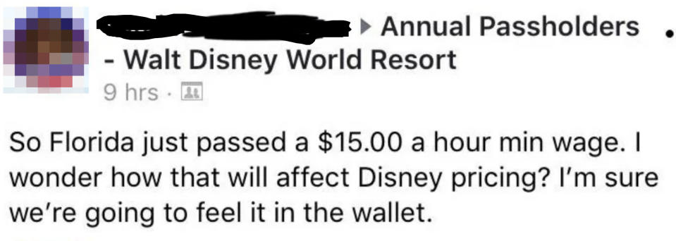 A Facebook post from Tami discussing Florida's new $15 minimum wage and speculating on its impact on Disney pricing