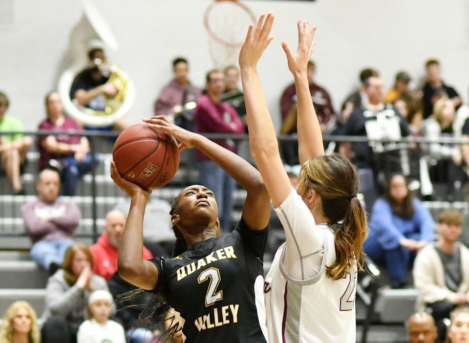 Quaker Valley's Oumou Thiero shoots as Beaver's Chloe List defends during the Thursday, Jan. 5 game at Beaver Area High School.