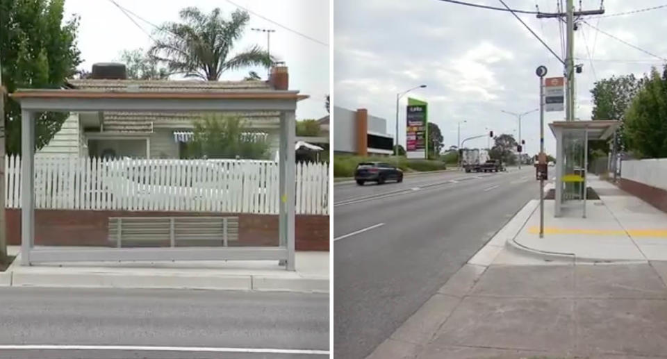 A photo of the bus stop in Oakleigh South in front of the family's home and another photo of the bus stop, with cars passing on the road.