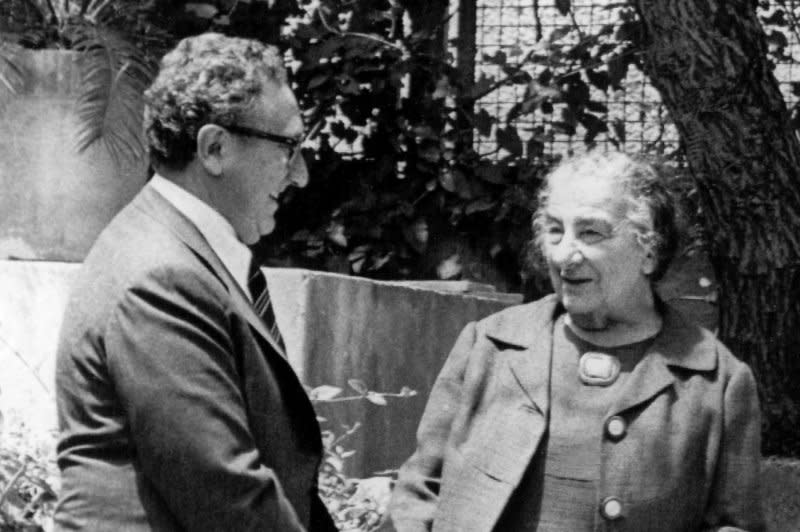 U.S. Secretary of State Henry Kissinger shakes hands with outgoing Israeli Prime Minister Golda Meir on May 2, 1974. On March 17, 1969, Meir, a 70-year-old former Milwaukee schoolteacher, was elected first female prime minister of Israel. UPI File Photo