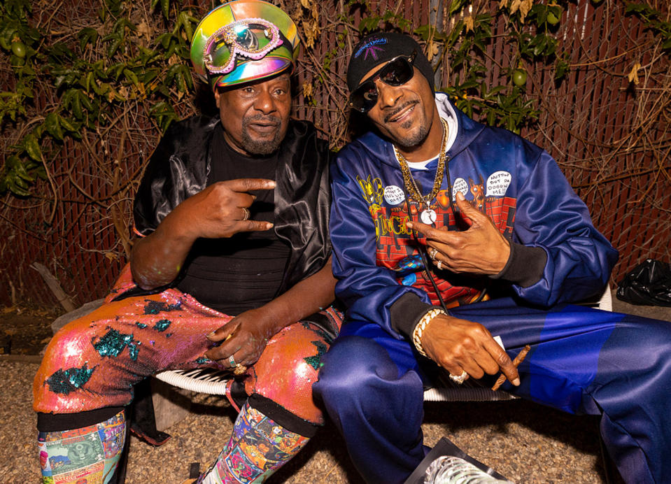 <p>George Clinton and Snoop Dogg hang at Clinton's 80th birthday party in Los Angeles on Thursday night. </p>