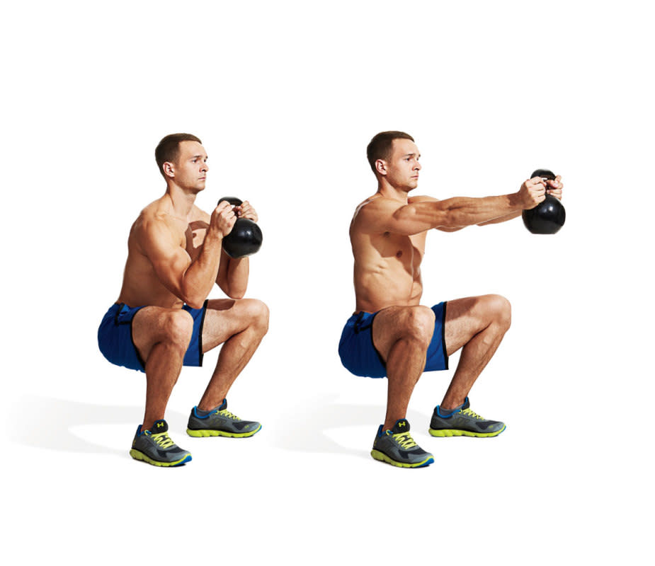 How to do it:<ol><li>Hold the weight close to your chest at shoulder level with both hands on the handle and palms facing each other.</li><li>Squat down as deeply as you can, then press the bell straight out in front of you with arms extended.</li><li>Bring it back to your chest and repeat for reps while maintaining the squat position.</li></ol>Target areas:<ul><li>quads</li><li>glutes</li><li>calves</li></ul>Pro tip:<p>Foot position is key for this move. You want to place your feet slightly wider that shoulder-width with toes slightly pointed outward.</p>Variation:<p>This move can be done with a medicine ball, dumbbell, or any other weight that doesn't put strain on the shoulders. You can also perform this move against a wall for additional support.</p>