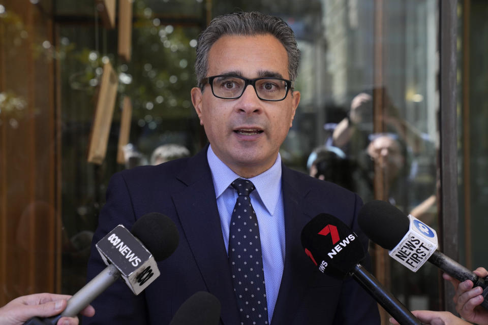 Lawyer Dennis Miralis speaks about his client, Dan Duggan, outside Downing Central Court in Sydney, Monday, Oct. 23, 2023. A Sydney court on Monday postponed an extradition hearing for Duggan, a former U.S. military pilot accused of illegally training Chinese aviators, until May as his lawyers attempt to further build their case. (AP Photo/Rick Rycroft)