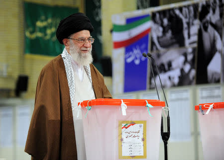 Iran's Supreme Leader Ayatollah Ali Khamenei casts his vote during the presidential election in Tehran, Iran, May 19, 2017. Leader.ir/Handout via REUTERS