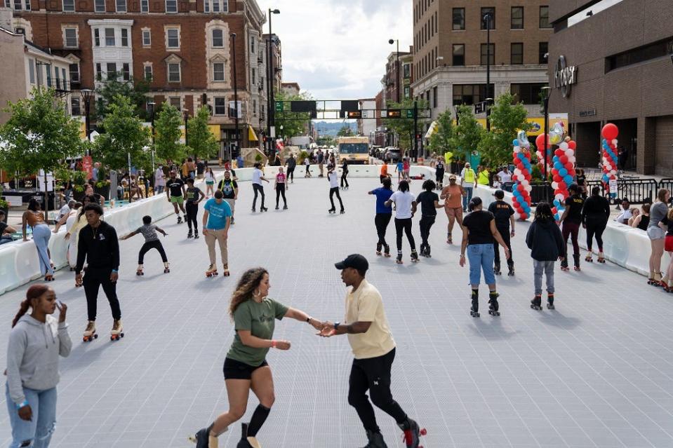 Frisch's Roller Rink will be at Fountain Square during the month of April. It will be a pickleball court early in the day and a roller rink for the remainder. Pictured: The Frisch's Roller Rink on Court Street in 2022.