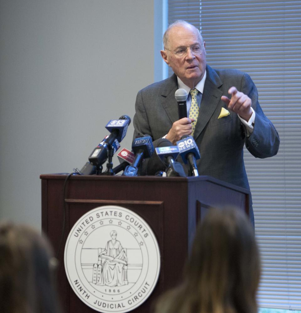 Former U.S. Supreme Court Justice Anthony Kennedy delivers the keynote speech during a luncheon held for high school civics students in Sacramento, Calif., on Friday, Sept. 28, 2018. Kennedy declined to comment on the confirmation process of Judge Brett Kavanaugh during the Constitution Day event sponsored by the 9th circuit court. (AP Photo/Steve Yeater)