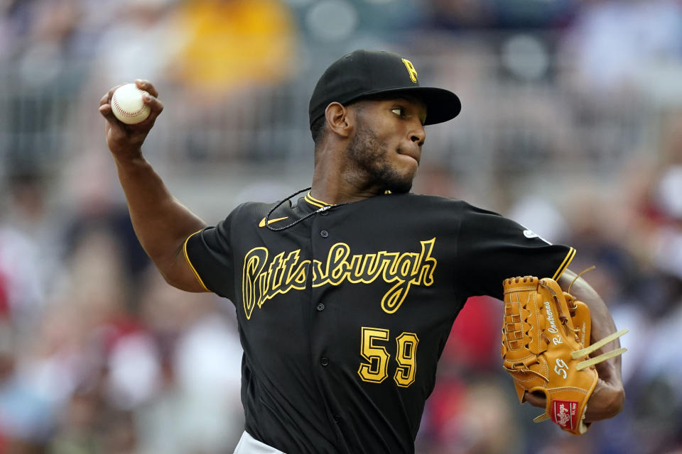 Pittsburgh Pirates starting pitcher Roansy Contreras works against the Atlanta Braves during the first inning of a baseball game Friday, June 10, 2022, in Atlanta. (AP Photo/John Bazemore)